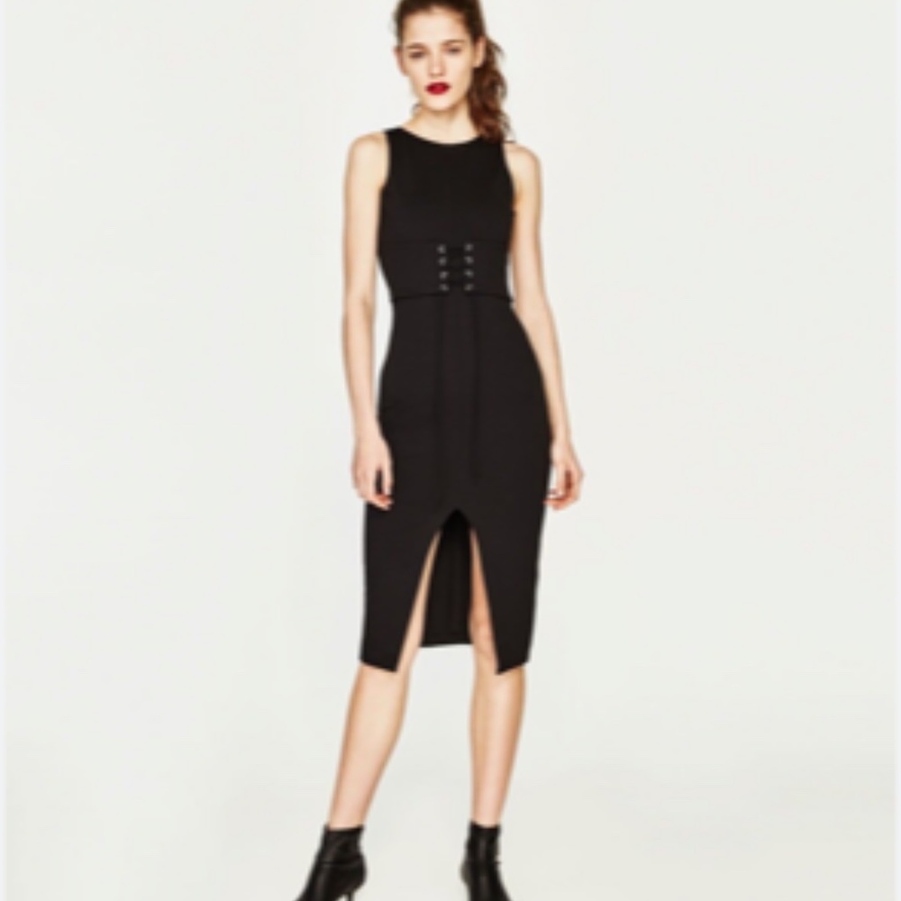 Zara Fitted Lace Up Body Con Midi Dress Black Size L